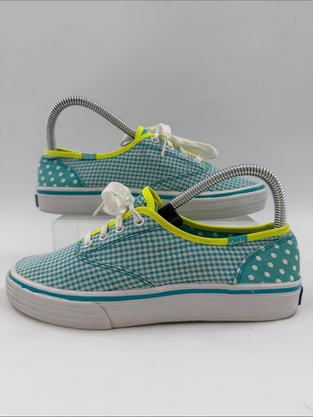 Keds Double Dutch Teal Polka Dot & Gingham Sneakers Neon Lime Trim Women's 6.5 - Picture 1 of 16